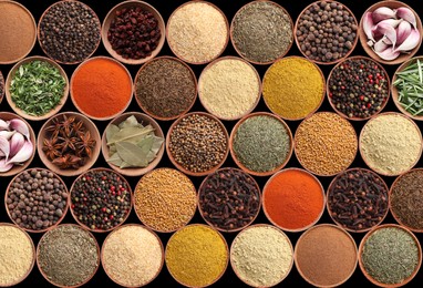 Image of Collection of different aromatic spices and herbs on black background, flat lay