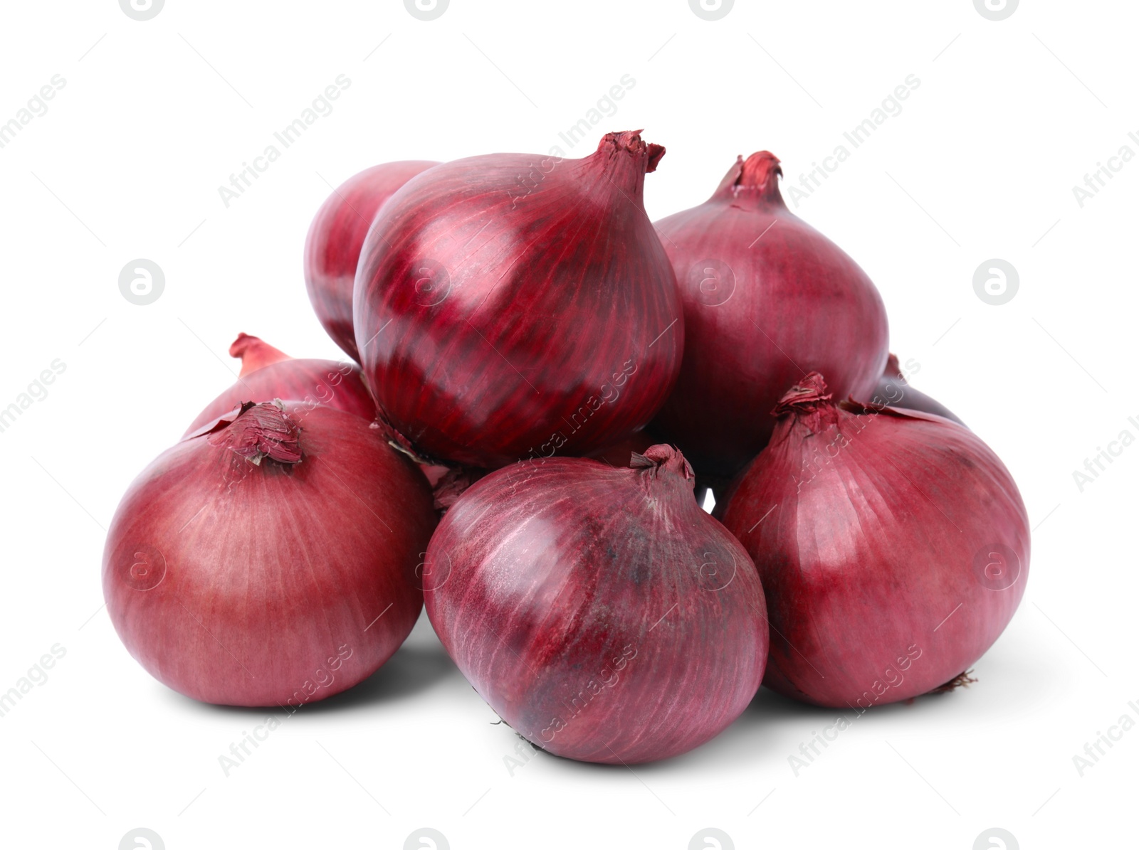 Photo of Many fresh red onions on white background