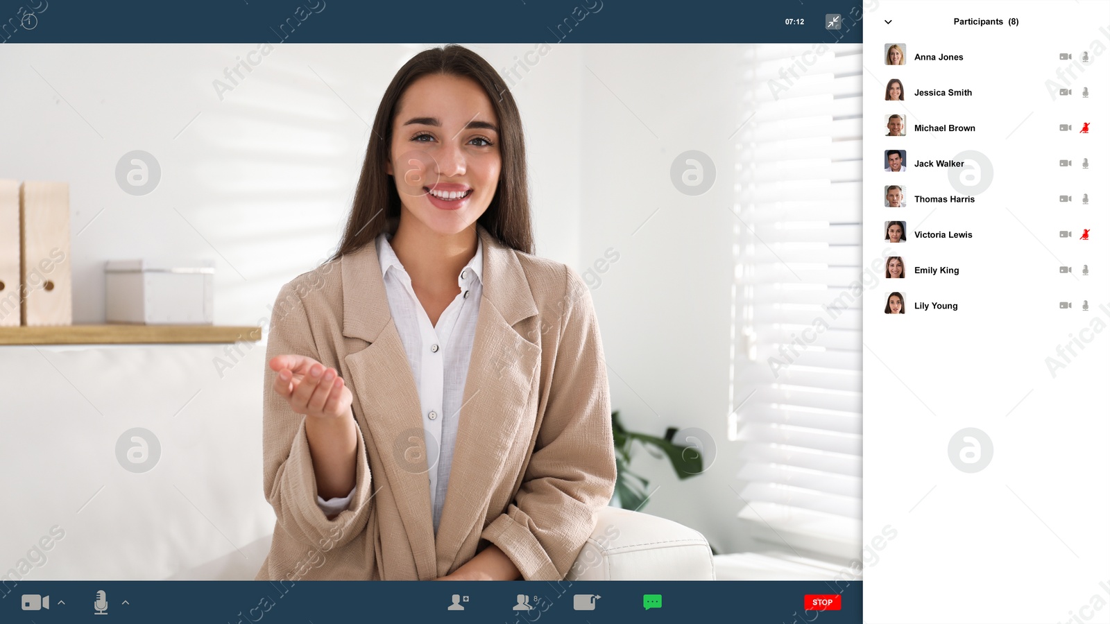 Image of Woman communicating with coworkers from home using video chat, view through camera