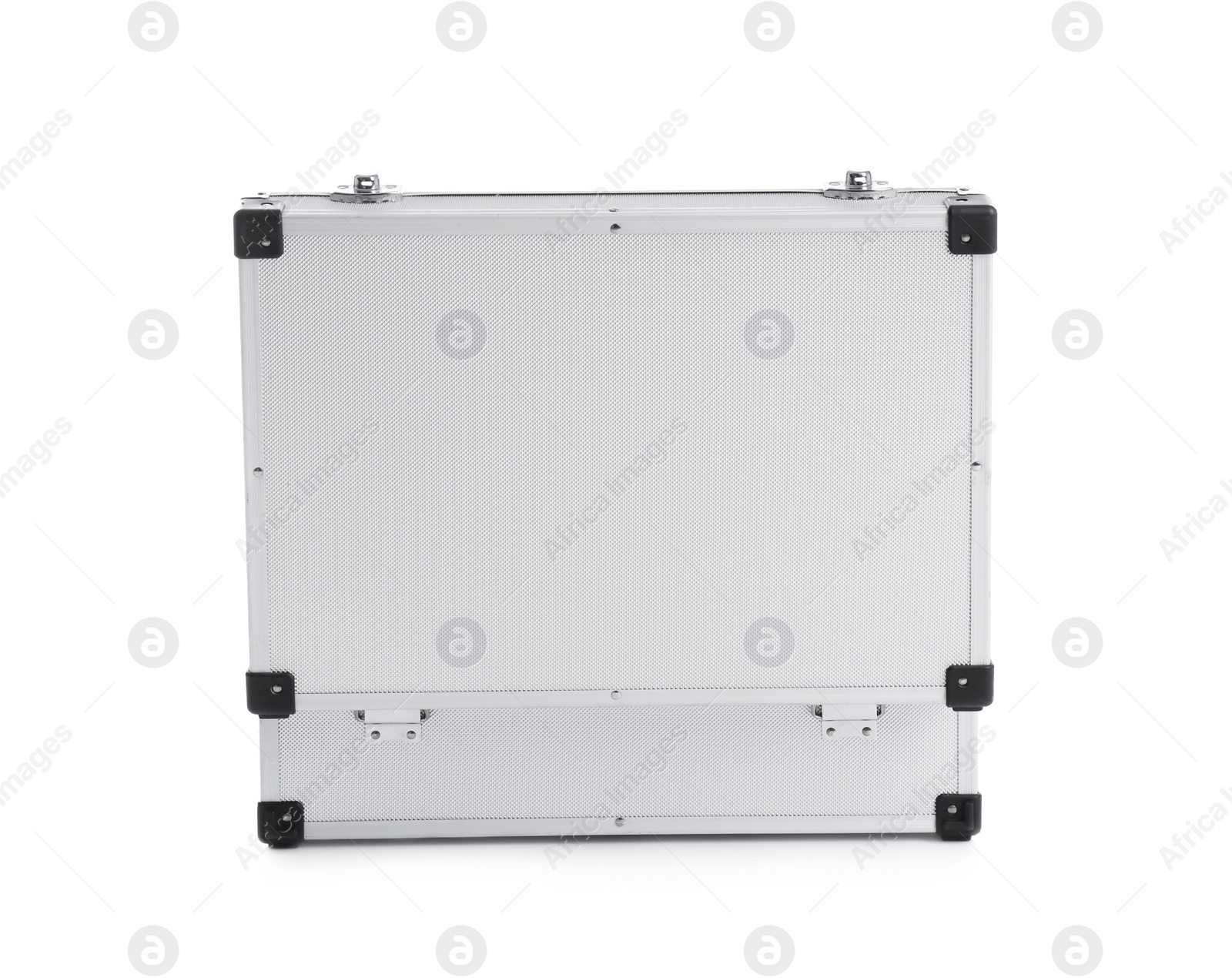 Photo of Open modern suitcase on white background