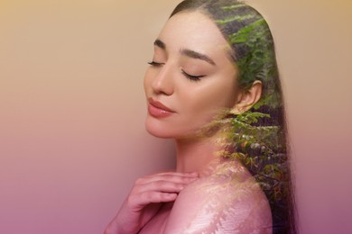 Image of Beautiful young woman with closed eyes and green plants, double exposure. State of mindfulness