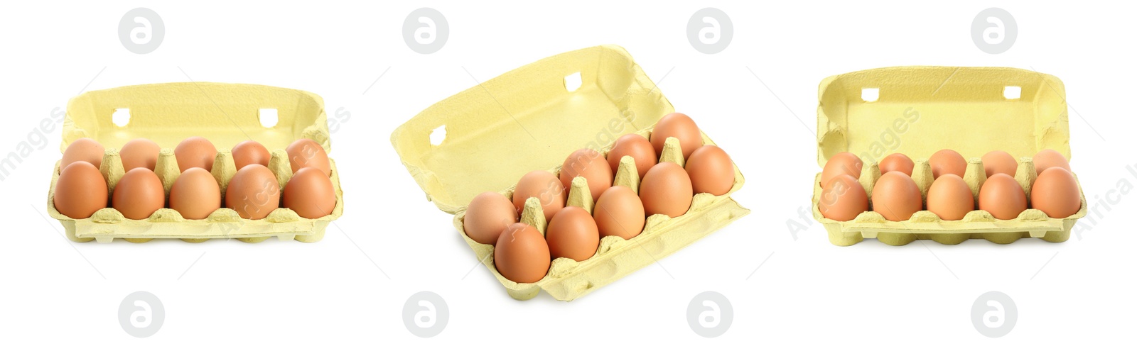 Image of Brown chicken eggs in egg carton isolated on white, set