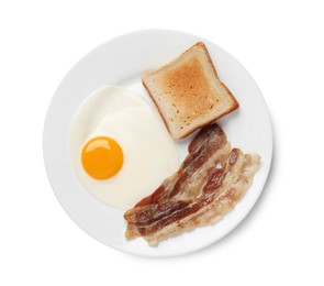 Tasty fried egg with toast and bacon in plate isolated on white, top view