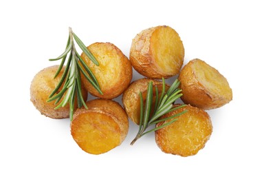 Photo of Tasty baked potato and aromatic rosemary on white background, top view