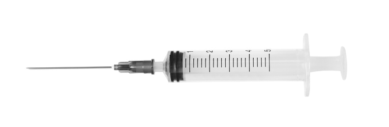 Plastic syringe on white background. Medical instrument