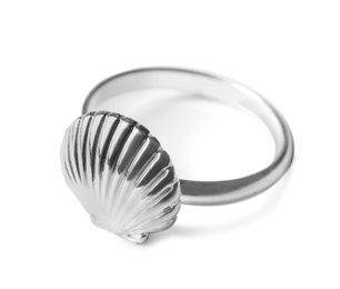 Photo of Elegant silver ring isolated on white. Luxury jewelry