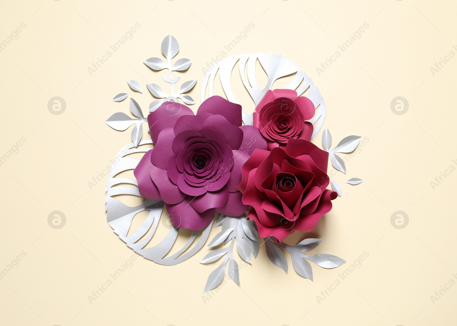 Photo of Different beautiful flowers and branches made of paper on beige background, flat lay