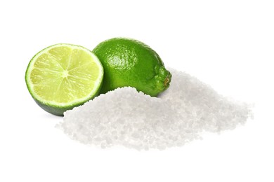 Image of Limes and salt isolated on white. Margarita cocktail ingredients