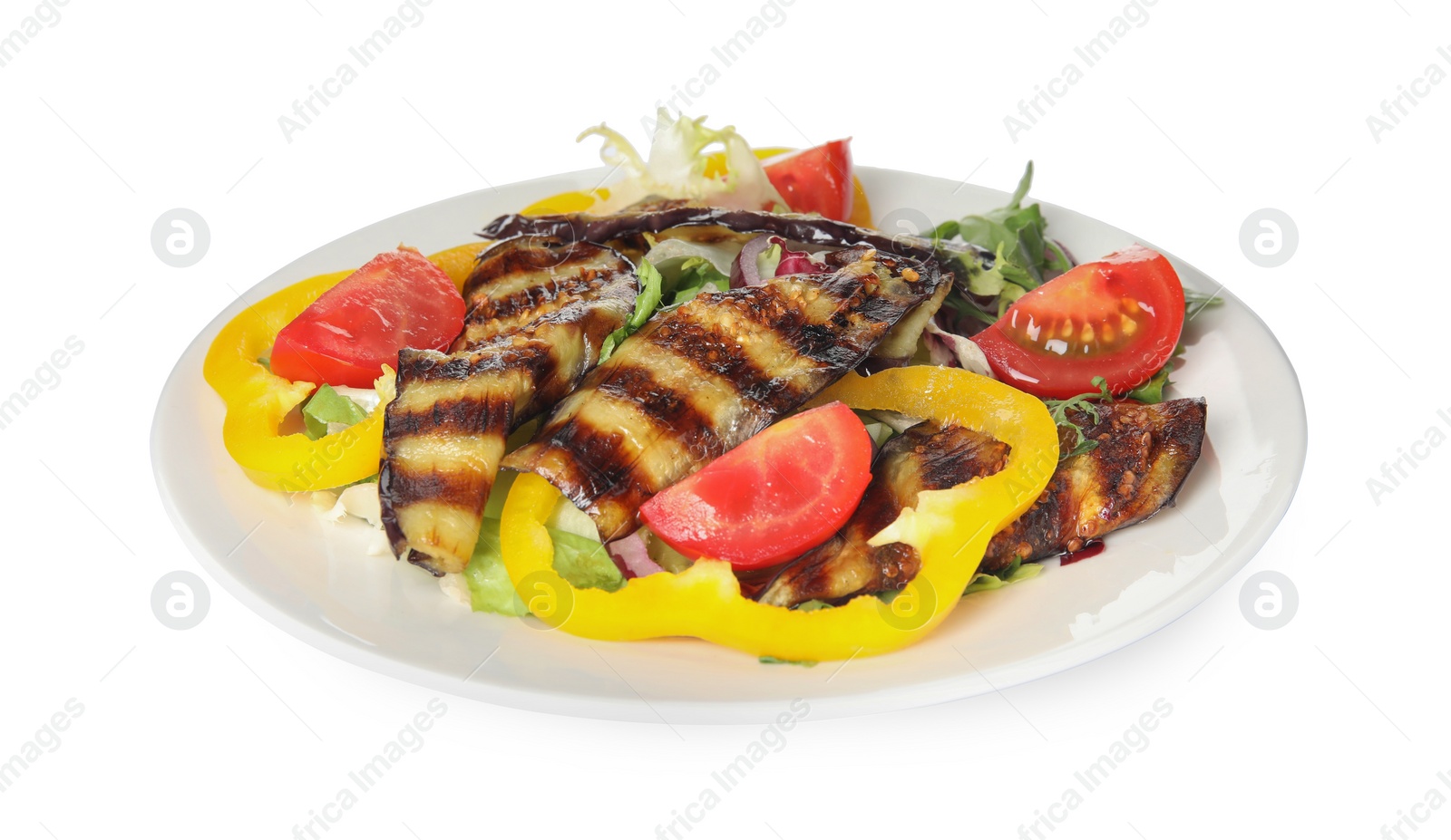 Photo of Delicious salad with roasted eggplant isolated on white