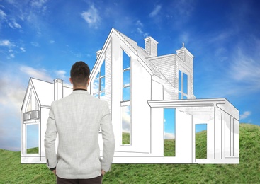 Man dreaming about future house. Landscape with building illustration