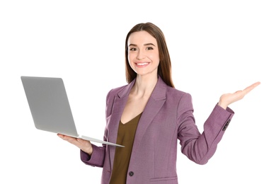 Photo of Portrait of beautiful woman with laptop on white background