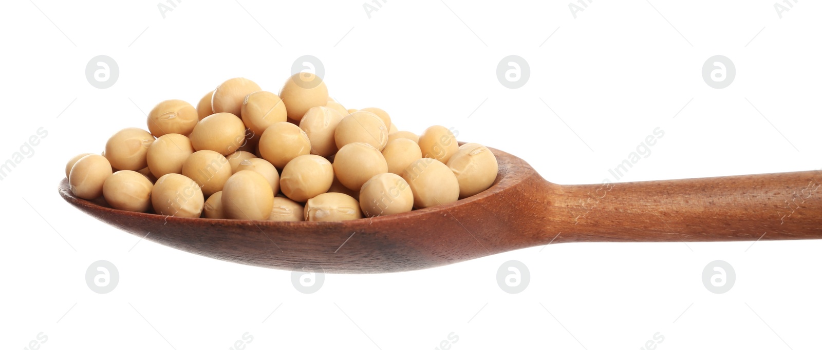 Photo of Soya beans in wooden spoon isolated on white