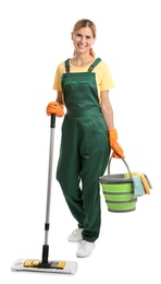 Photo of Female janitor with cleaning equipment on white background