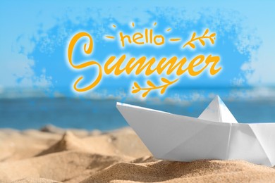 Image of Hello Summer. White paper boat on sandy beach during sunny day