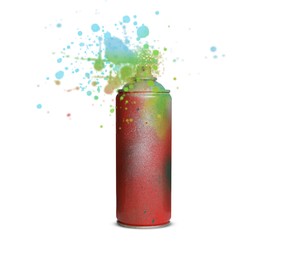 Image of Can of spray paint with splatters on white background