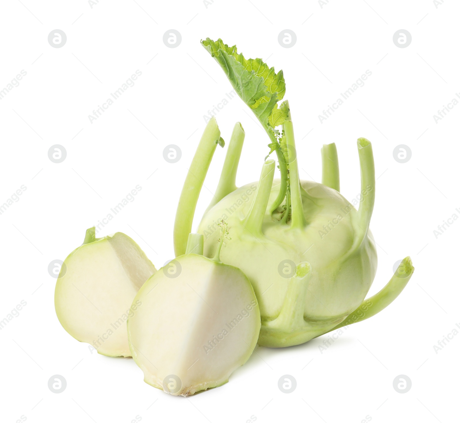 Photo of Whole and cut kohlrabi plants on white background