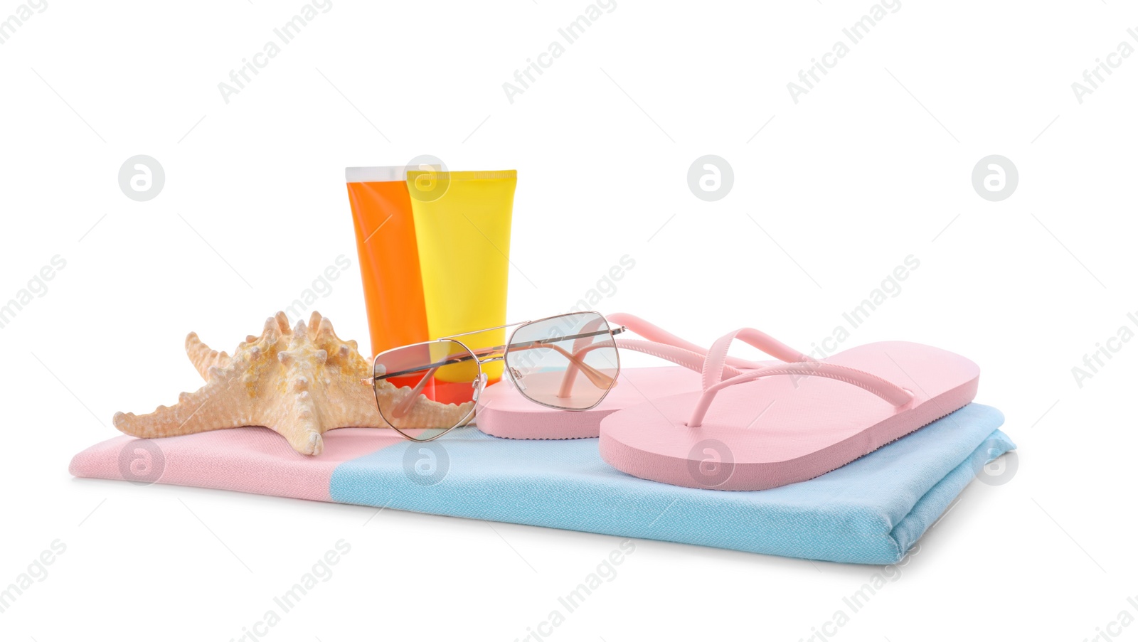 Photo of Composition with beach objects on white background