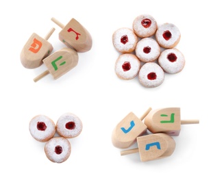 Image of Set with Hanukkah traditional dreidels and doughnuts on white background, top view