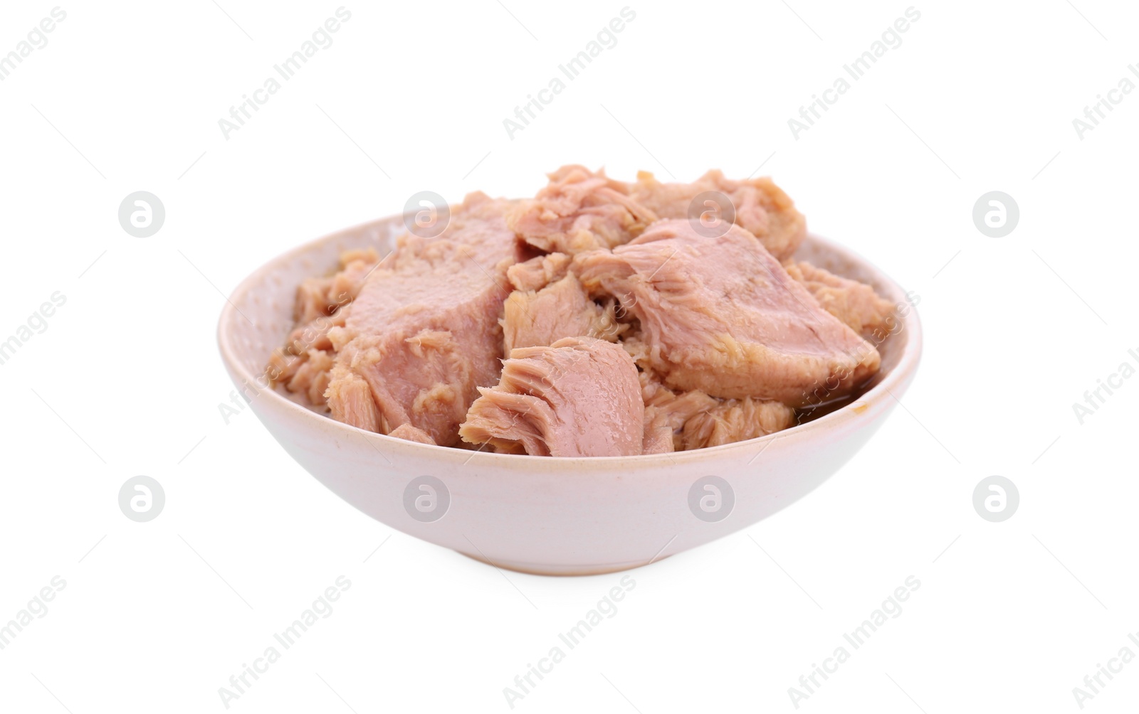 Photo of Bowl with canned tuna isolated on white