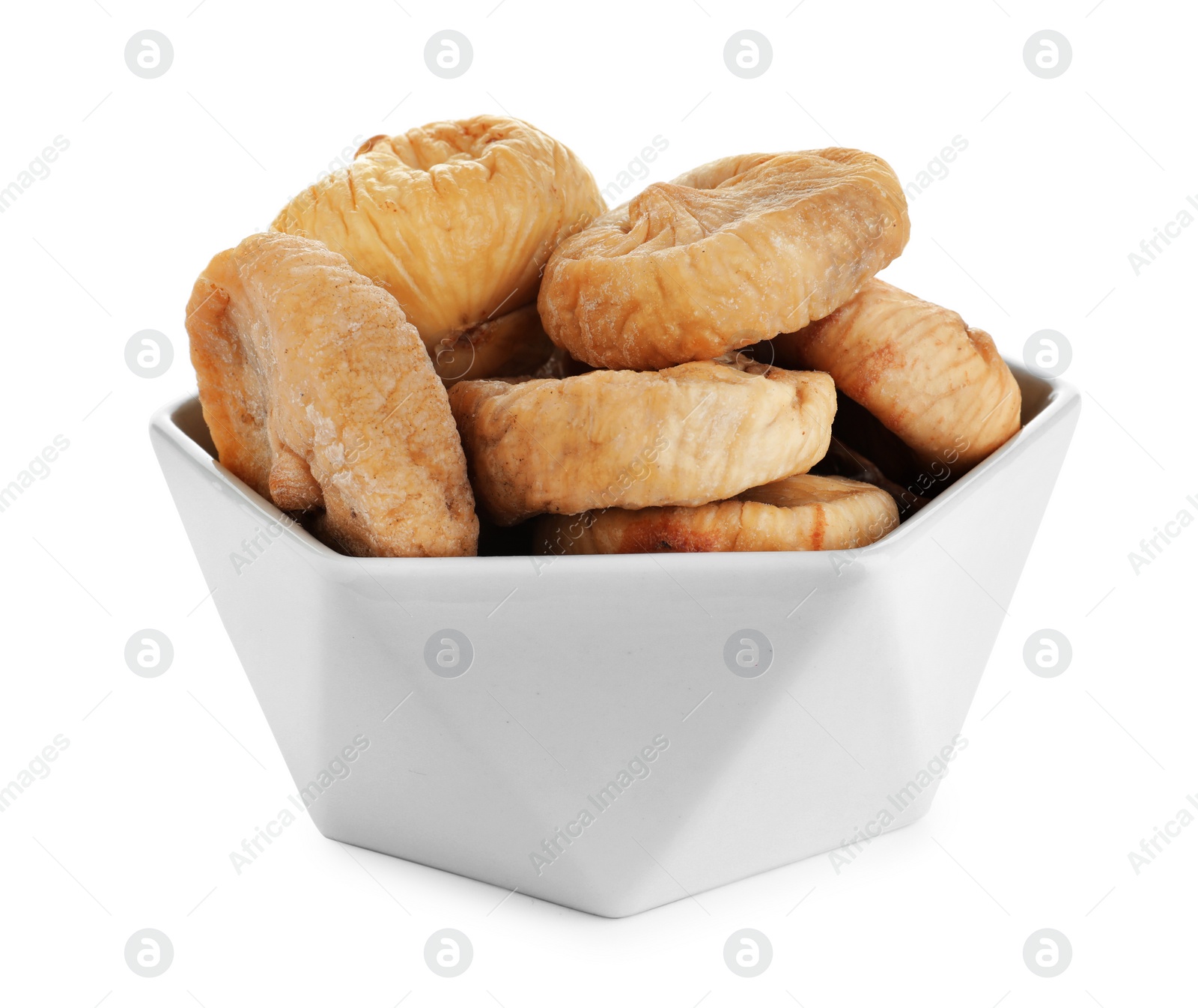 Photo of Tasty dried figs in bowl isolated on white