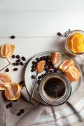 Photo of Flat lay composition with fresh ripe tangerines on white wooden table. Space for text