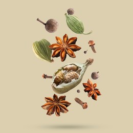 Image of Different spices falling on dark beige background