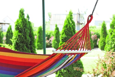 Beautiful English style garden with comfortable hammock on sunny day