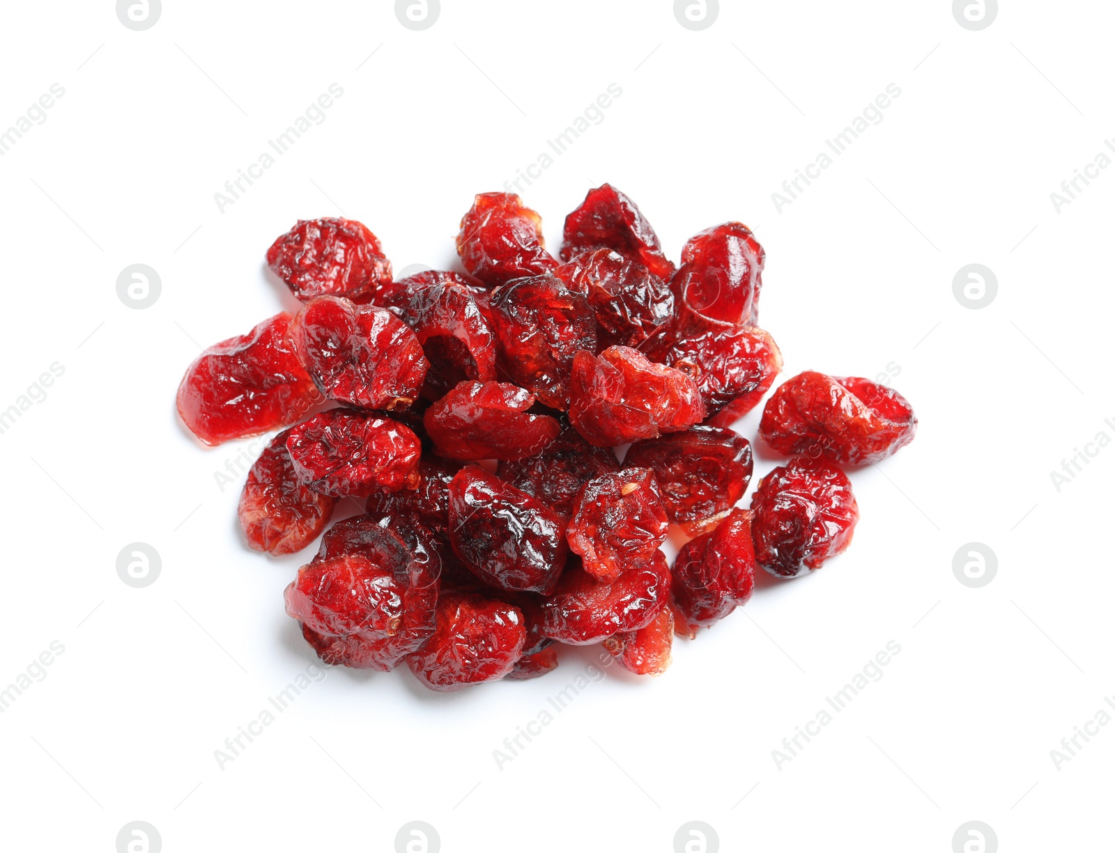 Photo of Heap of cranberries on white background. Dried fruit as healthy snack