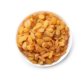 Photo of Bowl with raisins on white background, top view. Dried fruit as healthy snack