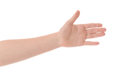 Photo of Teenage boy against white background, closeup on hand