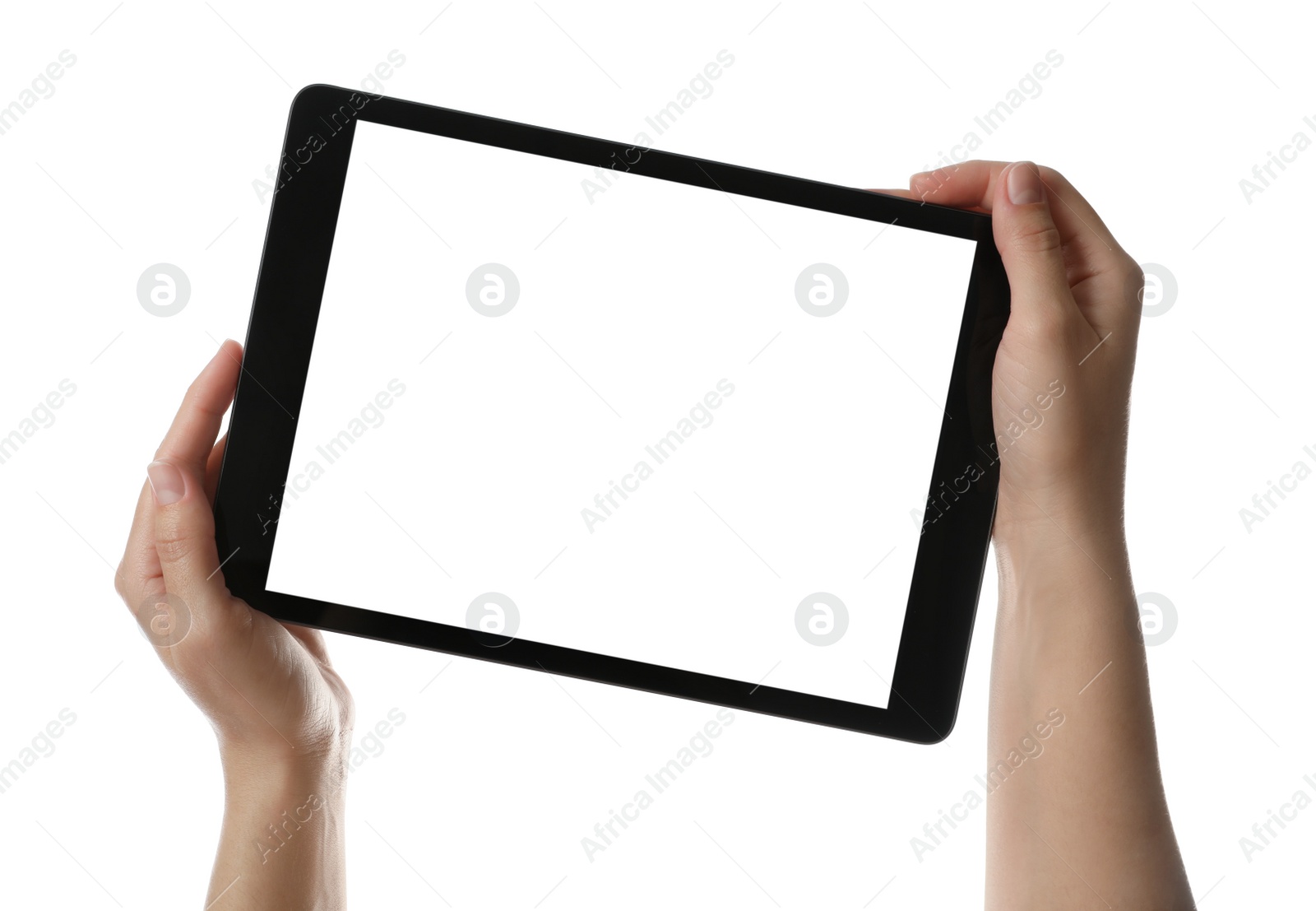 Photo of Woman holding tablet computer with blank screen on white background, closeup. Modern gadget