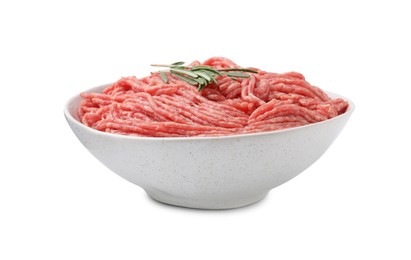 Photo of Fresh raw ground meat and rosemary in bowl isolated on white