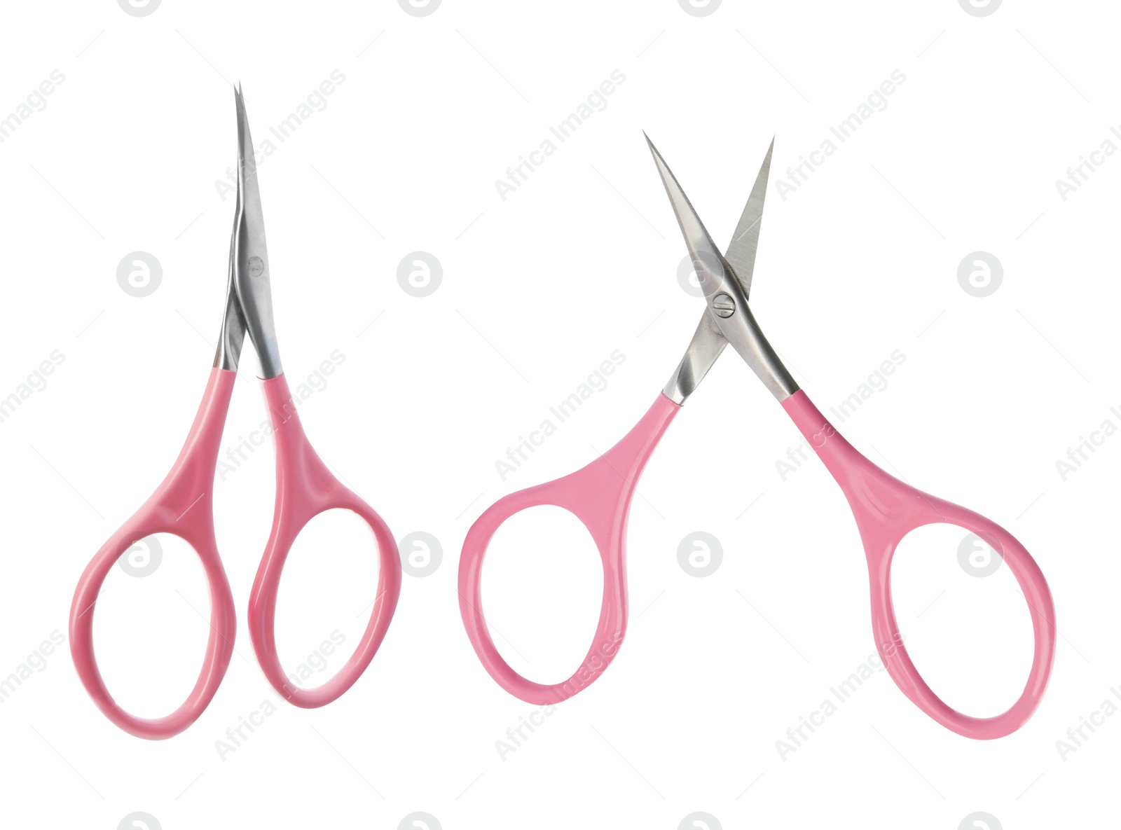 Image of Sharp manicure scissors on white background, top view