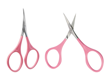 Image of Sharp manicure scissors on white background, top view