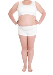 Overweight woman on white background, closeup. Weight loss