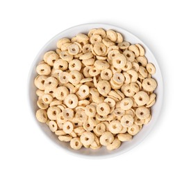 Photo of Tasty cereal rings in bowl isolated on white, top view