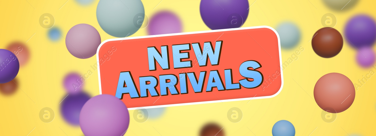 Image of New arrivals flyer design with balls and text on yellow background, banner