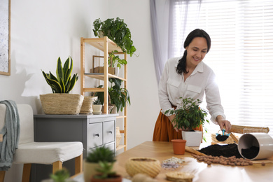 Mature woman potting plant at home. Engaging hobby