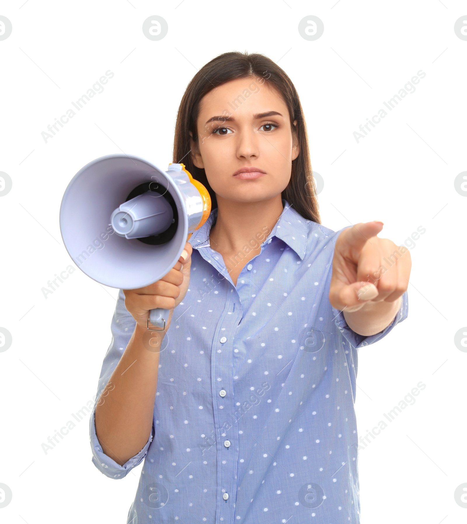 Photo of Young woman with megaphone on white background