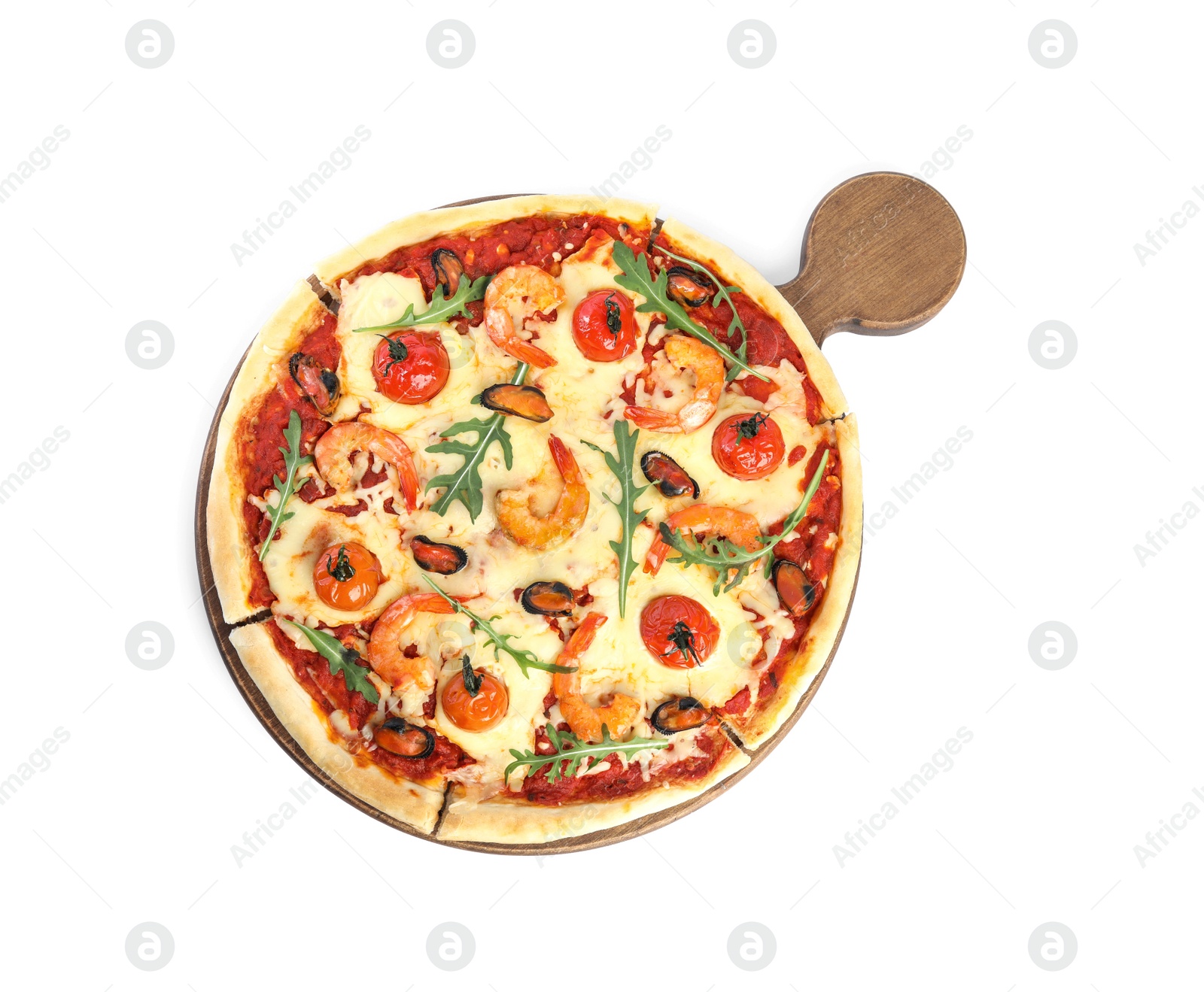 Photo of Delicious seafood pizza isolated on white, top view