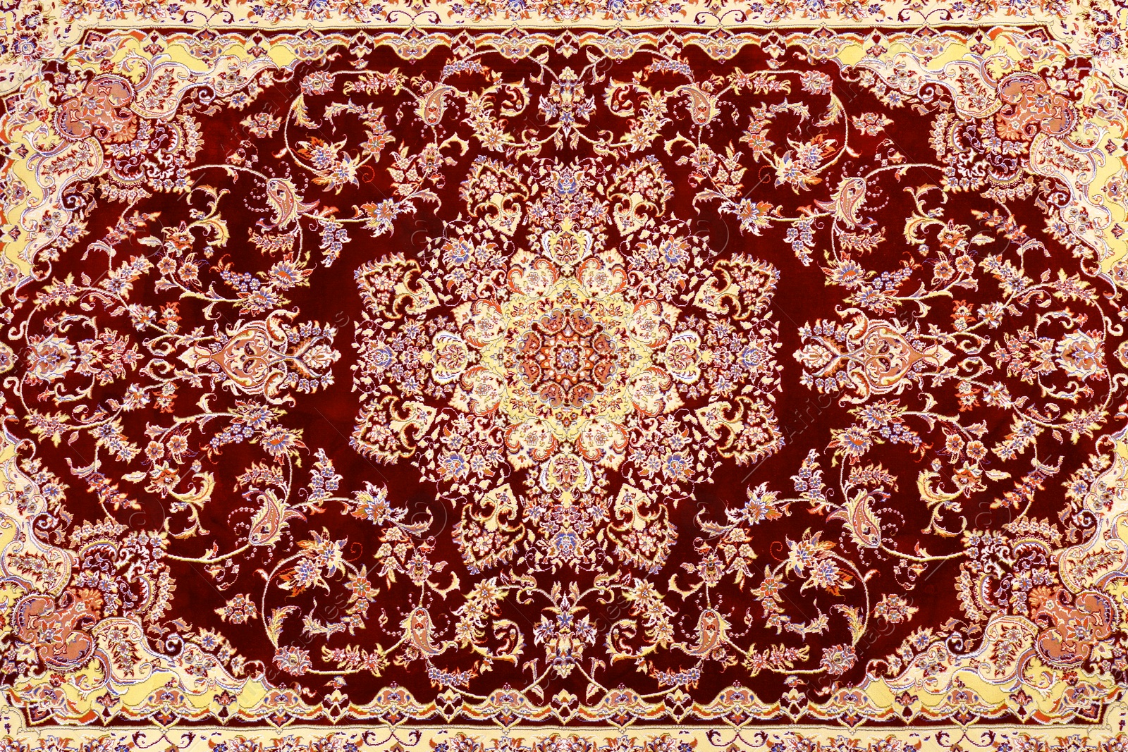 Image of Soft red carpet with beautiful pattern as background, top view