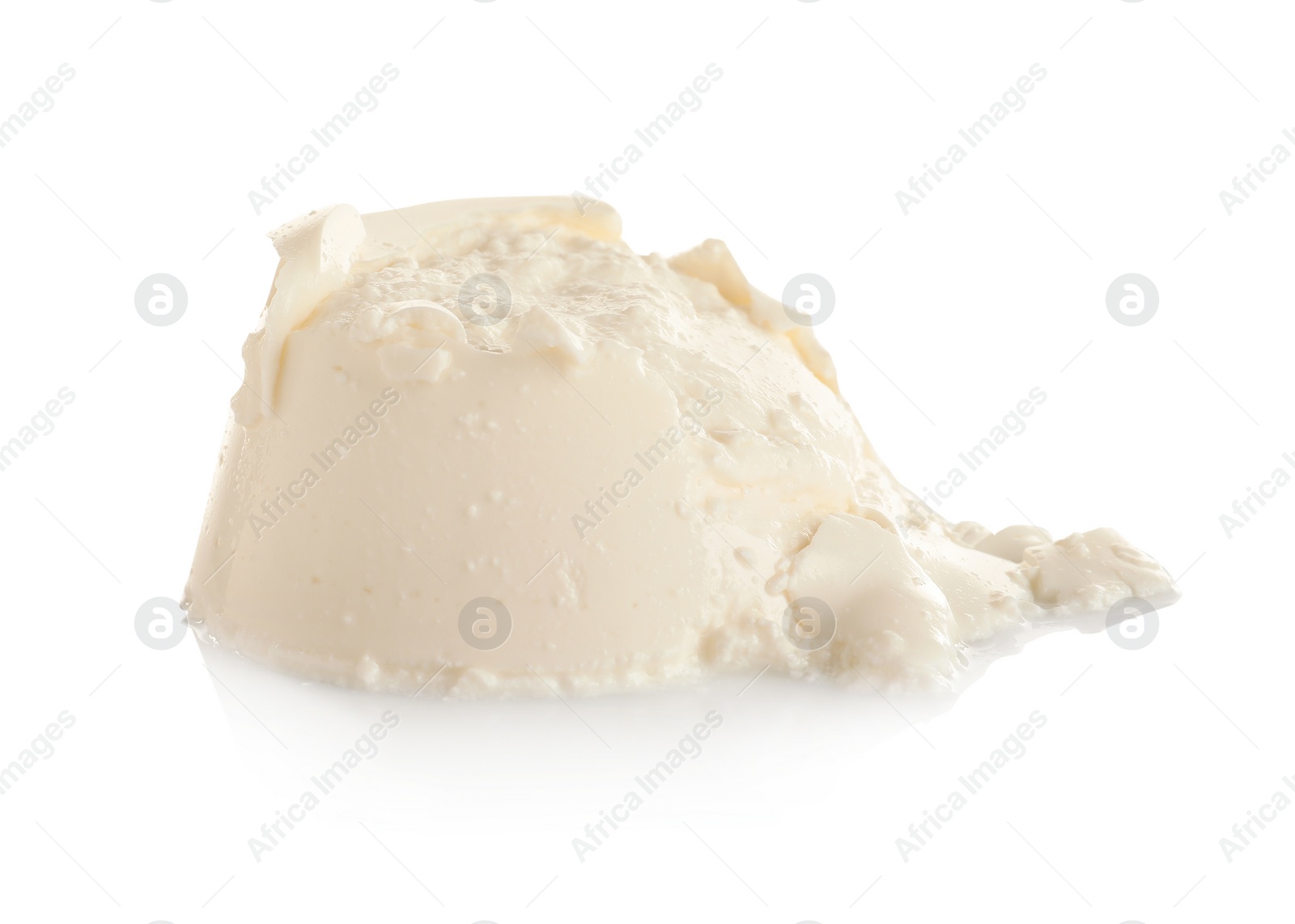 Photo of Tasty creamy feta cheese on white background