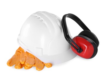 Photo of Hard hat, earmuffs and gloves isolated on white. Safety equipment