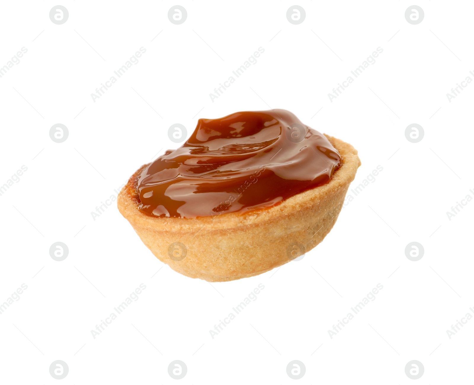 Photo of Half of delicious nut shaped cookie with boiled condensed milk isolated on white