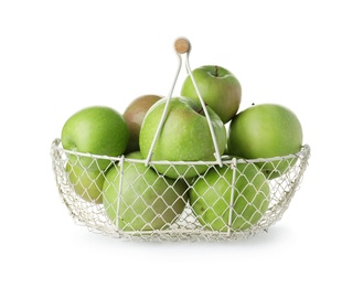 Photo of Juicy green apples in metal basket on white background