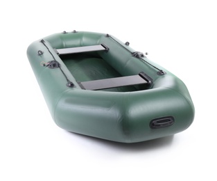 Photo of Inflatable rubber fishing boat on white background
