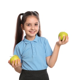 Photo of Little girl holding apples on white background. Healthy food for school lunch