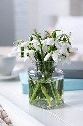 Beautiful snowdrops, books and cup of coffee on tray in bedroom