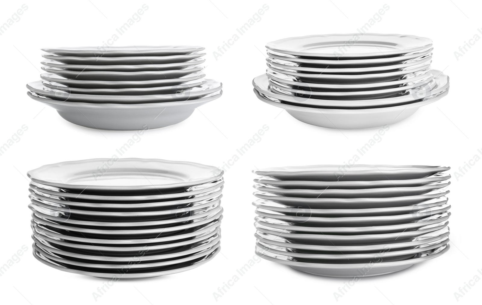 Image of Collage of stacks of ceramic plates on white background
