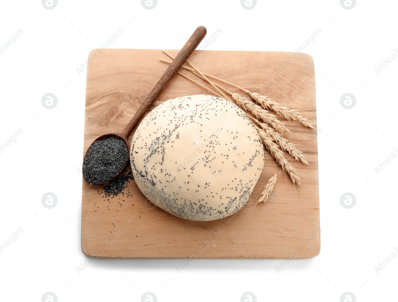 Photo of Wooden board and raw dough with poppy seeds on white background, top view